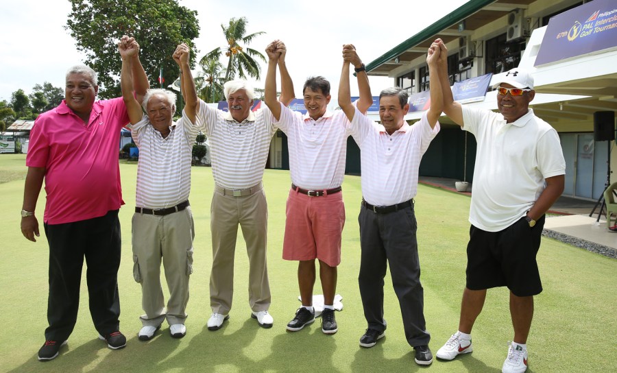 Members of Luisita celebrate their come-from-behind victory against rival Canlubang in the hotly-contested championship division of the 28th PAL Seniors Interclub played at the Negros Occidental Golf and Country Club on Sunday. The Luisita Sweeties, from left to right, are Pepot Inigo, Iggy Clavecilla, PSC chairman Richie Garcia, Bong Sison, Francis Gaston and Eddie Bagtas.(PAL photo)