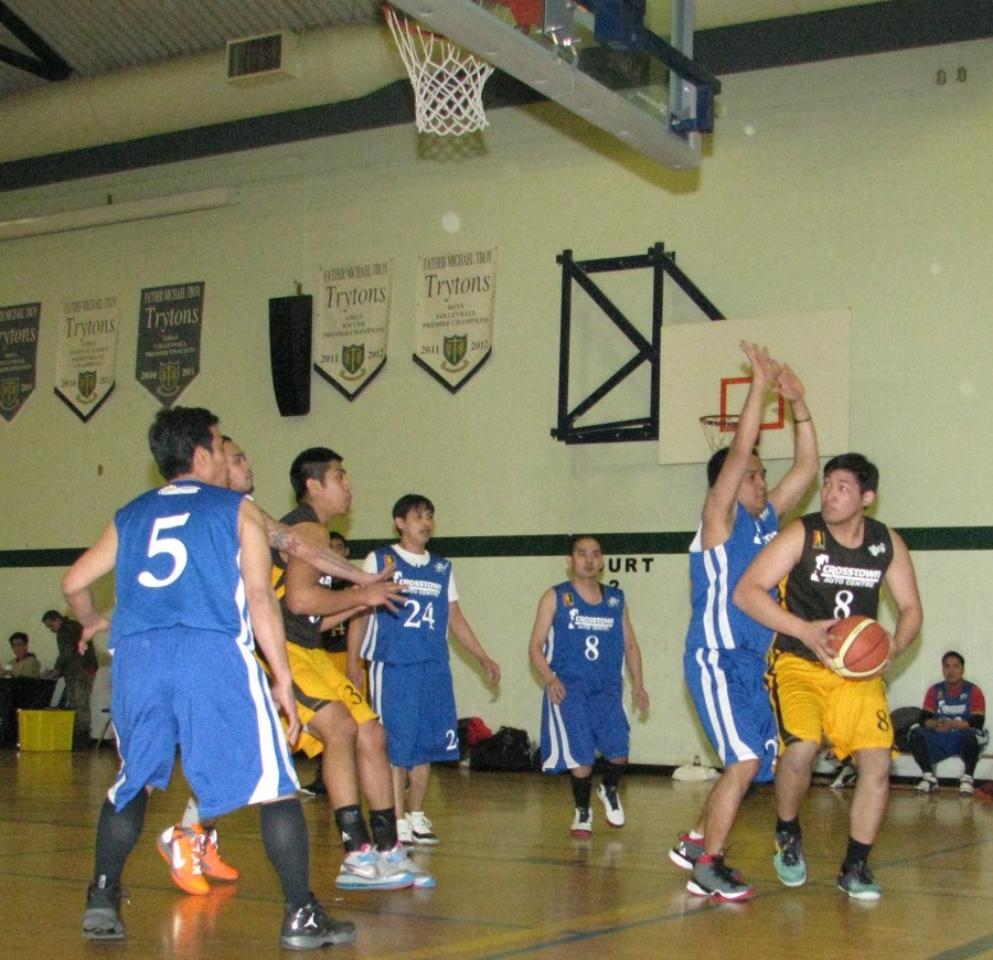 James Maglalang (No.8) of Crooks finds himself well guarded in this bit of action of the opening day of the 18th PSA-Crosstown Auto Spring League, March 15, at the Fr.Michael Troy High School.(Photo by Moses Billacura/pinoy edmonton news)