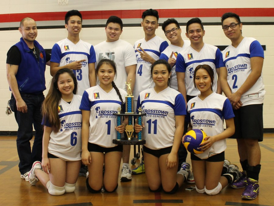 The Green Team with PSA vice-president Gary Perpetua (extreme left) pose with their first runner-up trophy in the 2014 PSA-Crosstown Auto Coed volleyball league, March 30, at the St.Clement Catholic School.(Photo by Moses Billacura/pinoy edmonton news)