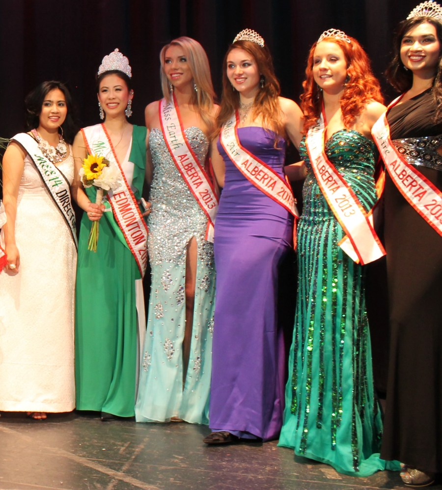 Miss Earth Edmonton 2014 pageant director Myrhalyn Dela Rosa (extreme left) joins newly-crowned Miss Earth Edmonton Kiki Szu-Yu Chen, Miss Earth Alberta 2013 Chelsea Bird, Miss Air Alberta 2013 Samantha Fraughton, Miss Water Alberta 2013 Samantha Paradee and Miss Fire Alberta 2013 Heather Patrao (left-right) after the announcement of winners  of the Miss Earth Edmonton 2014 "Beauty for a Cause" final, May 17, at the Royal Alberta Museum.(Photo by Moses Billacura/pinoy edmonton news)