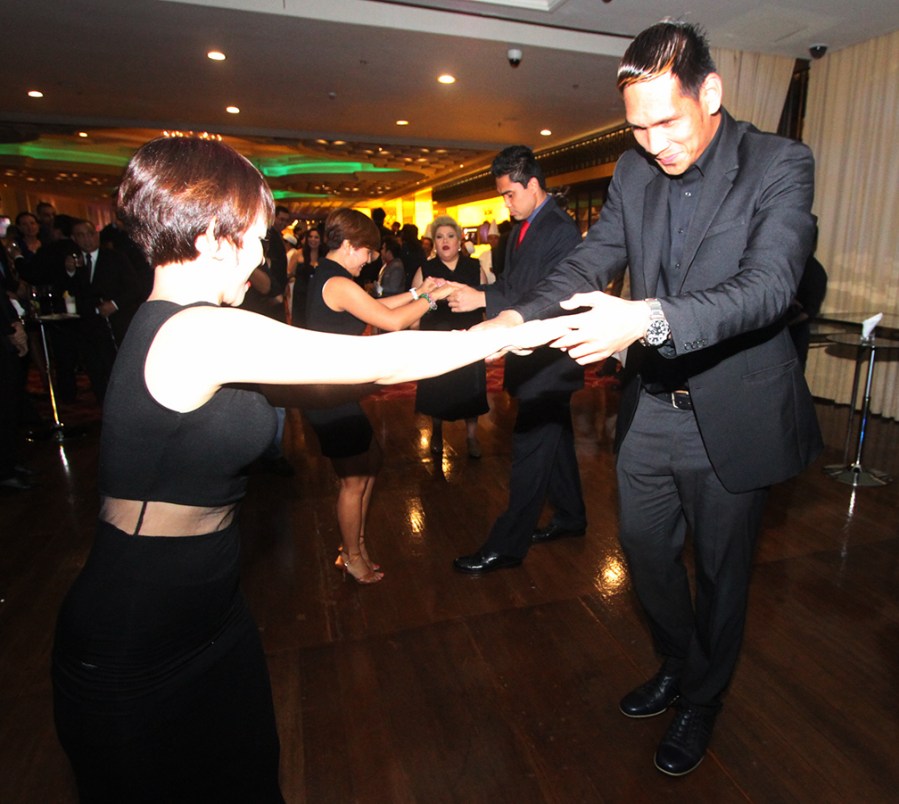 San MIguel Beermen Center June Mar Fajardo and Talk N Text Ranidel De Ocampo dance at the ballroom.