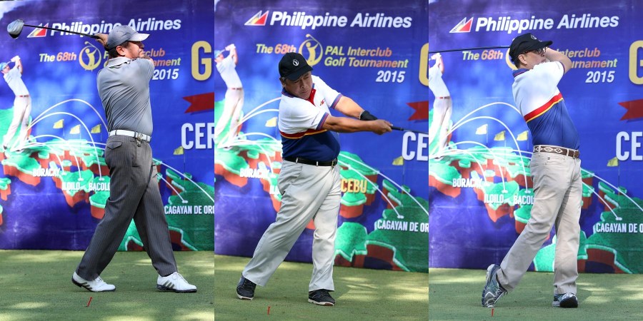 PAL SENIORS INTERCLUB. The ceremonial tee-ff to kick off this year's Philippine Airlines Interclub Seniors tournament in Cebu City was lead by PAL president Jaime J. Bautista (center), PAL senior VP Ismael Augusto Guzon (right) and Major General Renato Sanchez, general manager of Mactan Island Golf Club. Play starts Feb.19 to 22. The Regular Men's Interclub gets underway Feb.25 to 28.(PAL)