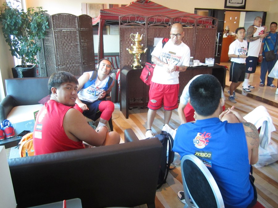RAIN or Shine’s Paul Lee and Beau Belga await the team bus bringing them to practice Wednesday morning.(Photo courtesy of PBA)
